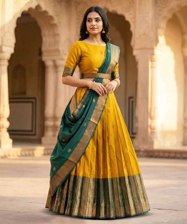Mustard Yellow Pattu Lehenga with Emerald Zari Dupatta - Rajshri Fashions Sowcarpet Chennai